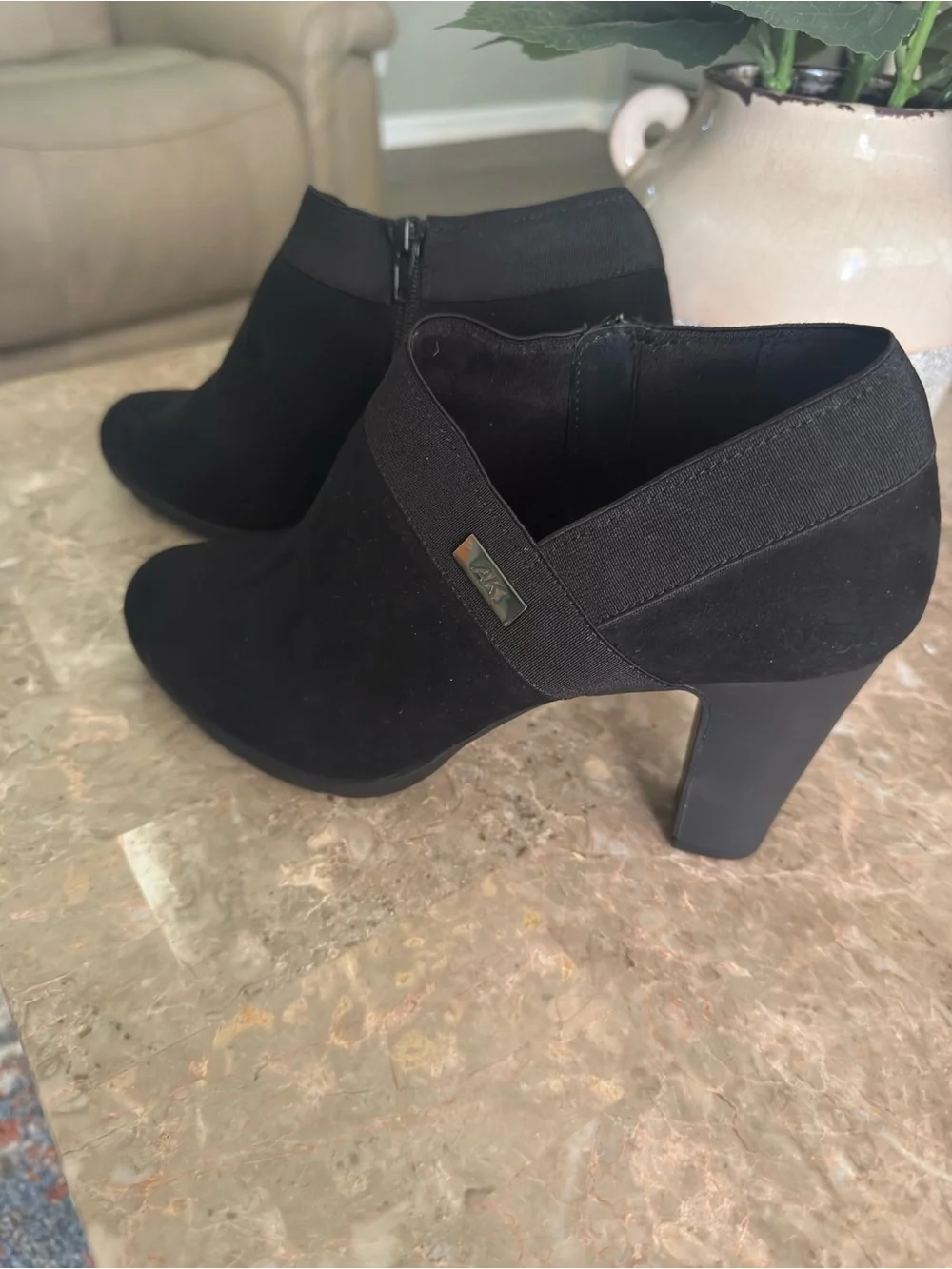 Anne Klein Black Suede Ankle Booties with Block Heel
